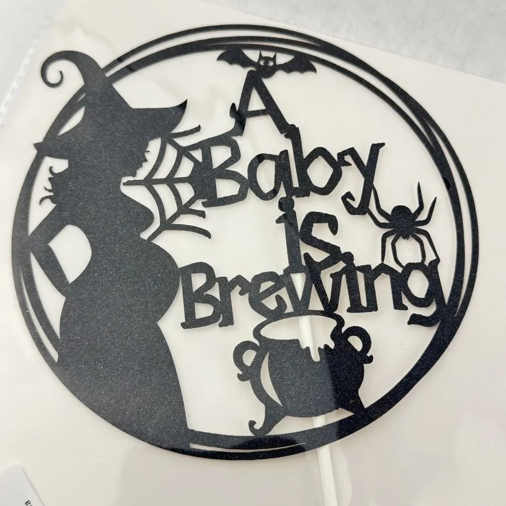Black Glitter A Baby Is Brewing Cake Topper Halloween Baby Shower Party Decor